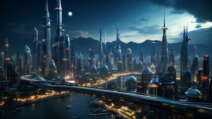 Future Dystopian Urban Landscape in Cyberpunk Style, Generative Ai