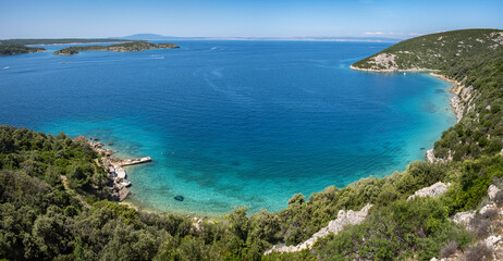 Panoramic view of the bay near town Lopar on island Rab with island Cres in the distance, Croatia