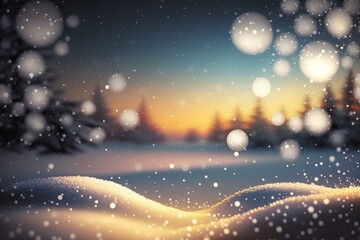 Illustration of snowy winter landscape under bokeh background. Generative AI