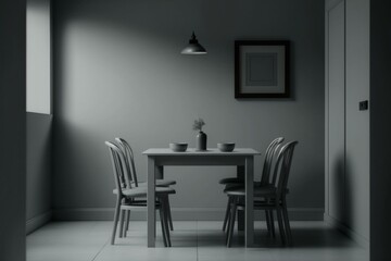 Empty grey dining room with table, chairs and plain wall. Generative AI