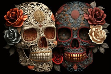 Intricate, ornate calavera sugar skulls with roses and floral design for Dia de los Muertos. Generative AI