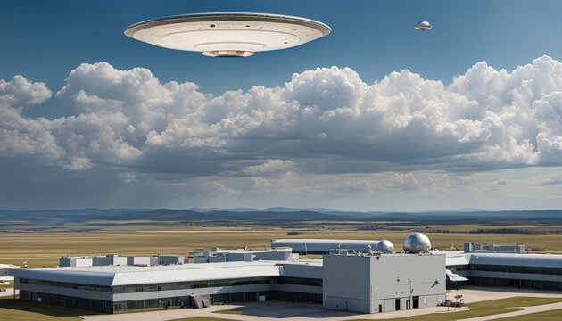 giant white round shaped UFO with small spherical UAP flying towards and over military airbase, sobe radar dishes blue cloudy sky at day, generative AI