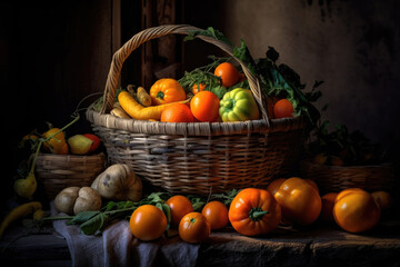 Fototapeta na wymiar fresh organic vegetables and fruits in a nostalgic moody atmosphere