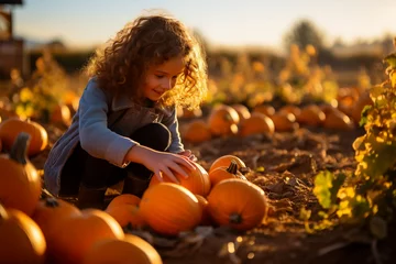 Foto op Canvas european child playing with pumpkins on pumpkin farm autumn fall halloween © Sam