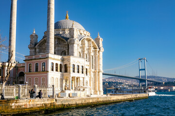 Ortakoy mosque a beautiful white mosque located on the waterfront of Ortak&ouml;y. The port is one of the most popular places in the Bosphorus, Istanbul, Turkey.