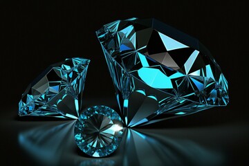 3D blue diamonds on black background. Generative AI