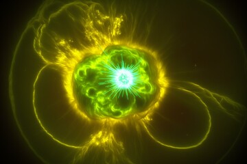 A luminous green plasma field with high energy seen in outer space. Generative AI