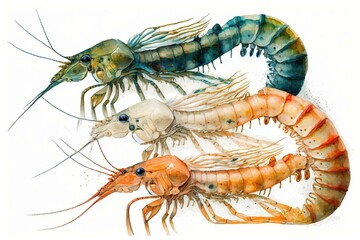 Three shrimp painted with watercolors on a white background. Generative AI
