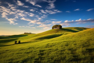Fototapeta premium Idyllic landscape with fresh green meadows. Idyllic countryside.