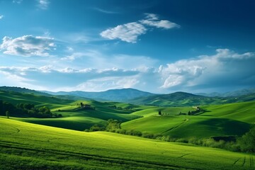Fototapeta premium Idyllic landscape with fresh green meadows. Idyllic countryside.