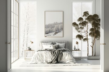 Interior of white bedroom with mockup. Generative AI