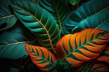 Macro shot of vibrant leaves forming a lush backdrop. Top-down panorama with tropical foliage, perfect for nature-themed designs. Generative AI