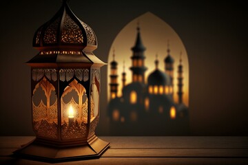 Decorative lantern with lit candle and mosque in background during Ramadan. Generative AI