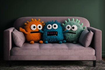 Three scary stuffed monsters sit on a polished sofa with a poster of the coronavirus and bacteria. Small, frightful NFTs decorate the couch. Generative AI