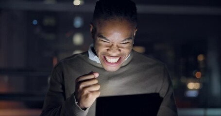 Night, tablet and winner with black man in office for achievement, success and bonus. Happy, promotion and surprise news with male employee and celebration for target, profit and giveaway reward