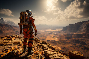 young man with backpack on the top of mountain, valley in the background