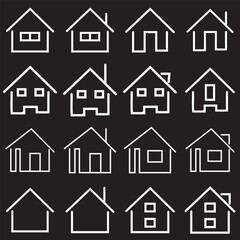 Various Outline Small and tiny houses. White walls, black windows. Colorful roofs. Different facades. Scandinavian style. Hand drawn Vector set. Every building is isolated