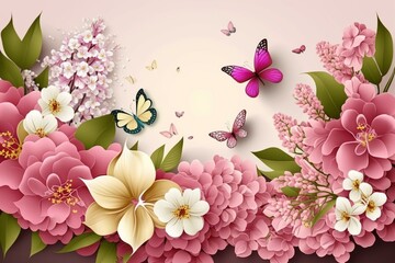 Flowers, butterflies adorn pink banner in blooming spring and summer. Perfect for Easter or holiday background. Generative AI