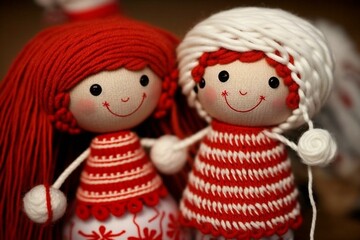 Red and white yarn dolls, Pizho and Penda, represent Baba Marta Day on March 1st. Generative AI