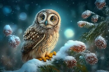 Adorable owl in festive winter scene. Generative AI