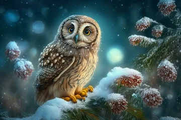 Foto auf Glas Adorable owl in festive winter scene. Generative AI © Elina