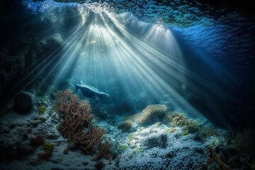 Tropical underwater light beams. Generative AI