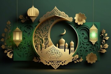 Golden 3D Eid banner with green ornament, moon, lantern, and mosque portal. Generative AI