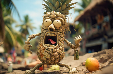Whimsical Pineapple Shenanigans: Cartoon Pineapple Stuns with Mouth Tied Open and Enormous Eyes on Tropical Island Beach. Generative AI.