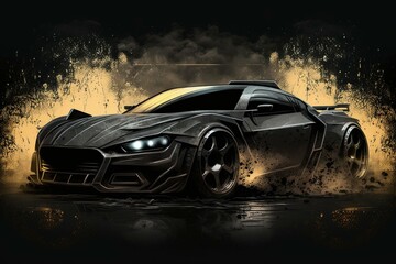 Fototapeta na wymiar Sleek futuristic sports car in black with grunge overlay, portrayed in a 3D illustration. Generative AI