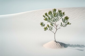 Minimalistic scenery with a small plant growing from white sand. Generative AI