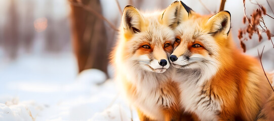 Cute foxes enjoys winter adventure in snowy landscape, symbol of love
