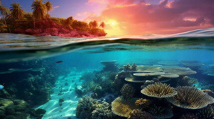 sunset at the Maldives. Ai generated - obrazy, fototapety, plakaty