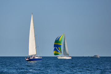 Fototapeta na wymiar Sailing yacht regatta. Many sailing yachts in a row. sailing yachts under gennaker, speaker, genoa