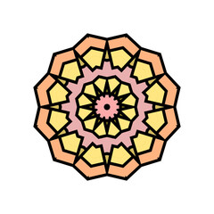 zwölfstrahliger stern mit symmetrisch angeordneten pastellfarbenen einfachen geometrischen elementen, modern art