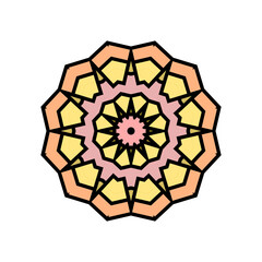zwölfstrahliger stern mit symmetrisch angeordneten pastellfarbenen einfachen geometrischen elementen, modern art