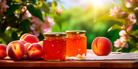Close-up of peach jam and fresh peach in jars on the table against the backdrop of a natural bright garden