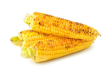 Tasty grilled corn cobs on white background