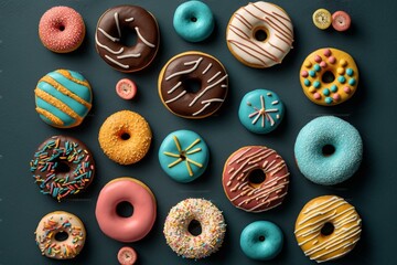 A top-down view of various colorful donuts arranged in knolling style. Generative AI