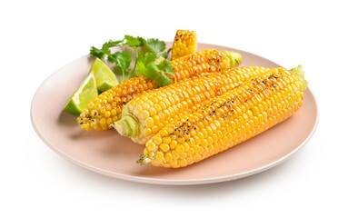 Plate with tasty grilled corn cobs and lime on white background