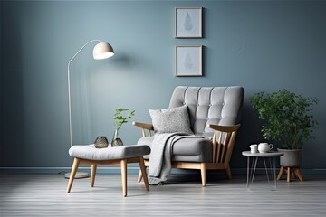 The living room has a retro armchair accompanied by a pillow, a bright lamp, and a potted plant. There is also an ottoman on the floor, all against a gray wall background. The interior design of the
