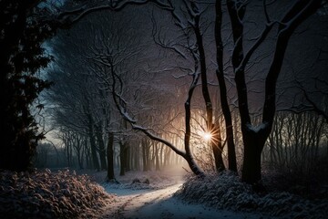 Sunrise in a wintry, dark woodland. Generative AI