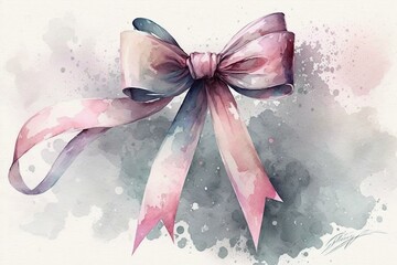 Pink ribbon bow in watercolor. Generative AI