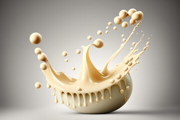 Soy milk pouring with splashing soybeans, with a clipping path. 3D rendering. Generative AI