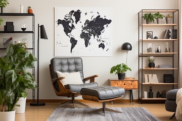 The living room interior has a retro design, featuring a mock up poster map, a wooden shelf, a book, an armchair, a plant, cacti, a vinyl recorder, various decorations, and personal accessories. This