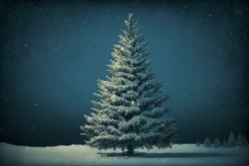 Shiny Christmas tree against blue background in snow. Generative AI