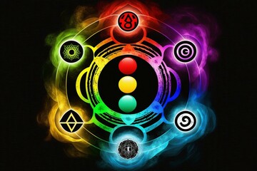 Vibrant chakras representing meditative energy and symbols. Generative AI