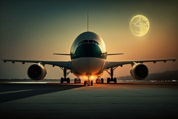 Fototapeta na wymiar Plane parked on runway in evening. Generative AI