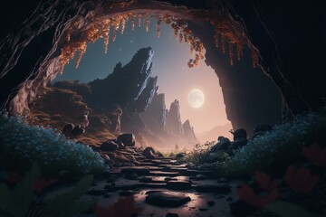 Discovering a magical environment with luminous cascade, moon, and ethereal effects using Unreal Engine 5's impressive graphics and cinematic color correction. Generative AI