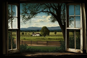 Scenic rural vista seen through a window. Generative AI