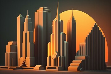 A 3D illustration of a city with retro-futuristic skyscrapers in 1980s style. Generative AI